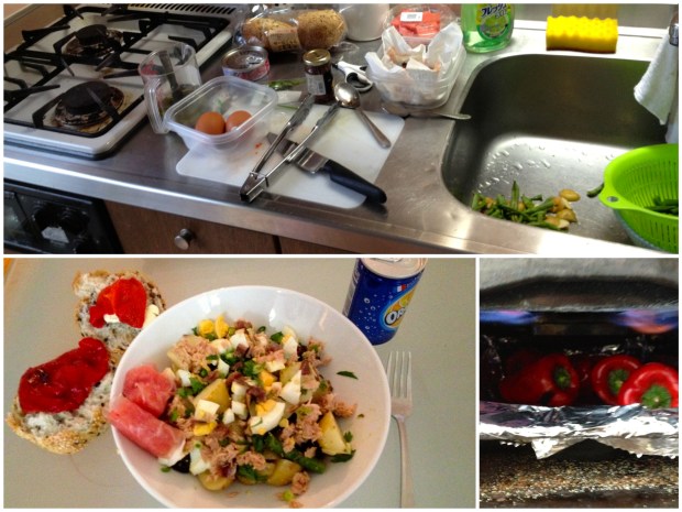 My working area in the kitchen; the weird toaster/broiler worked well to roast peppers; the finished product: Salad Nicioise!